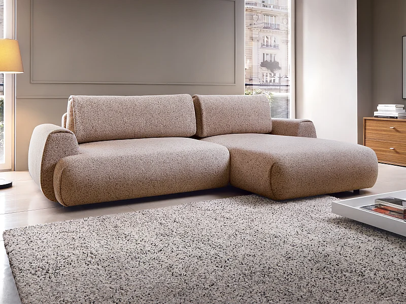 Canapé d'angle droit convertible en tissu chiné rose MONELIA