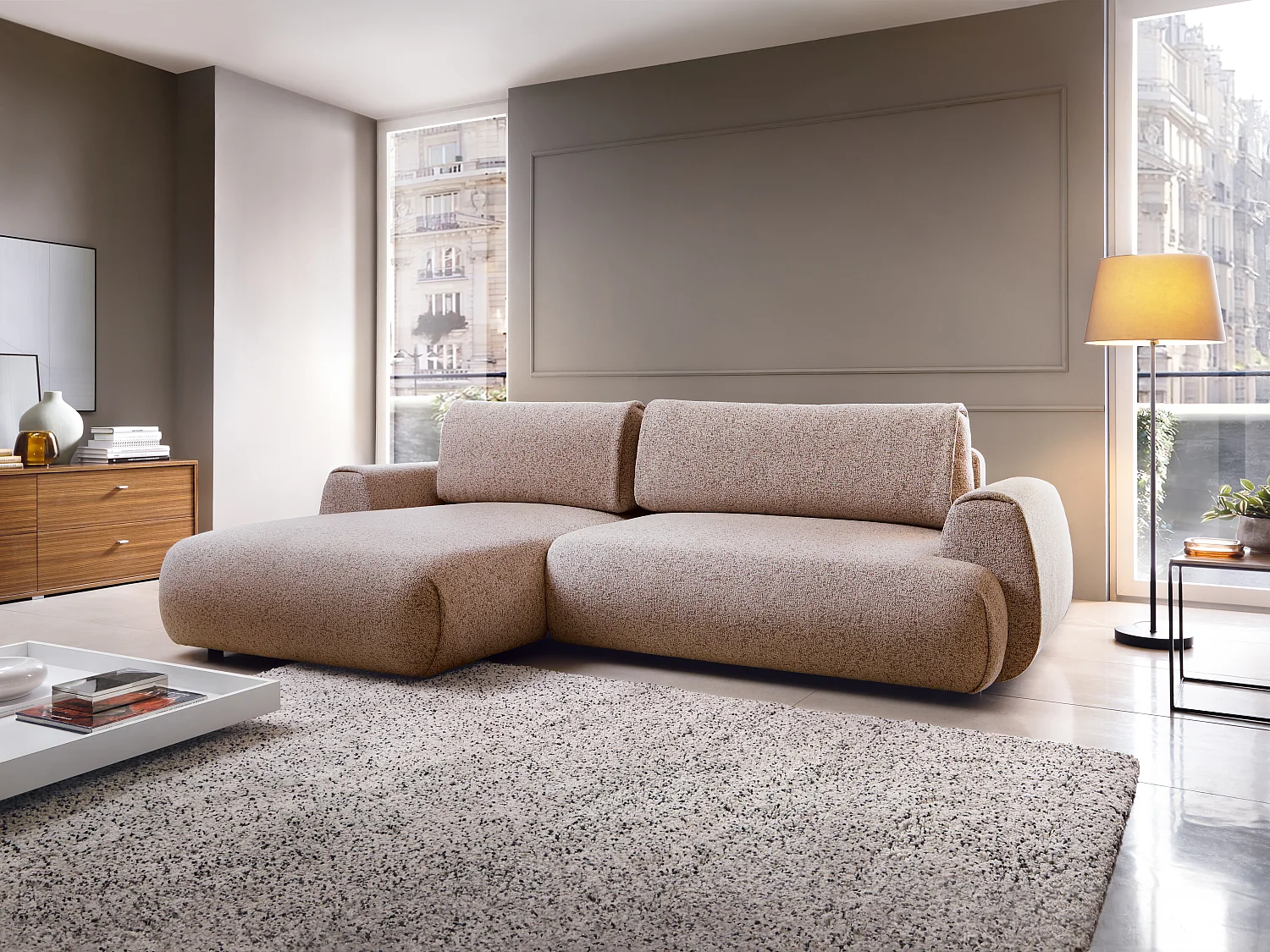 Vänster bäddsoffa i melerat rosa tyg MONELIA