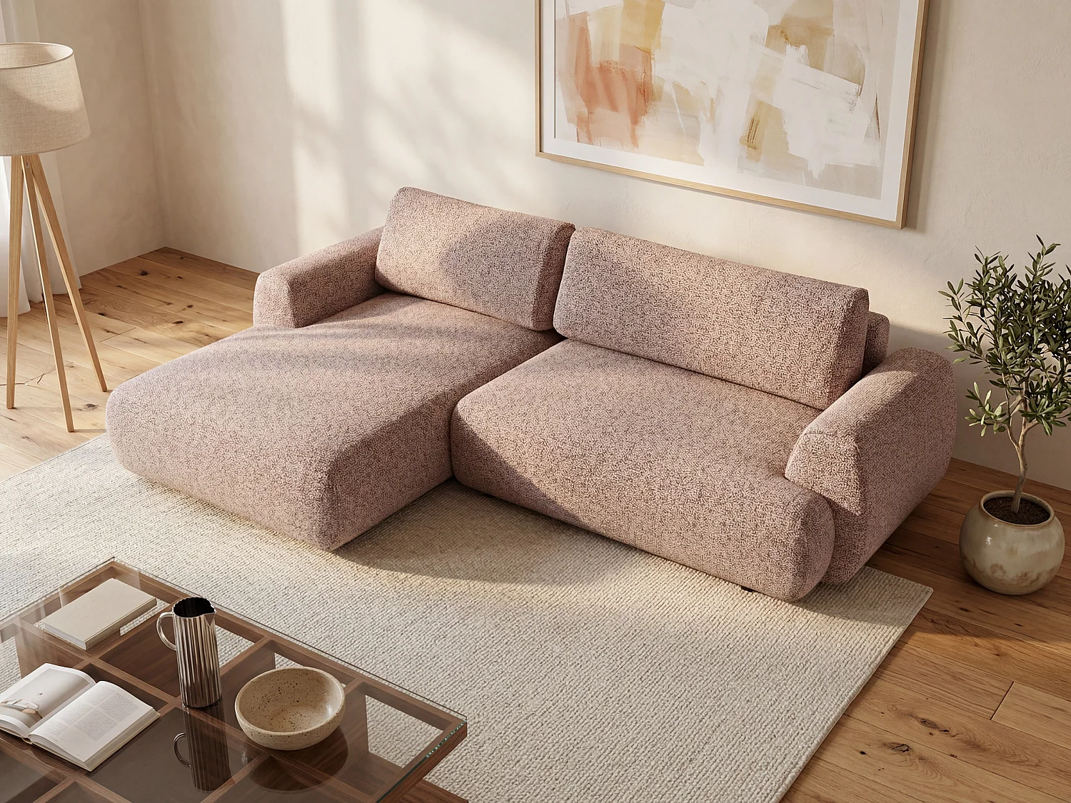 Canapé d'angle gauche convertible en tissu chiné rose MONELIA