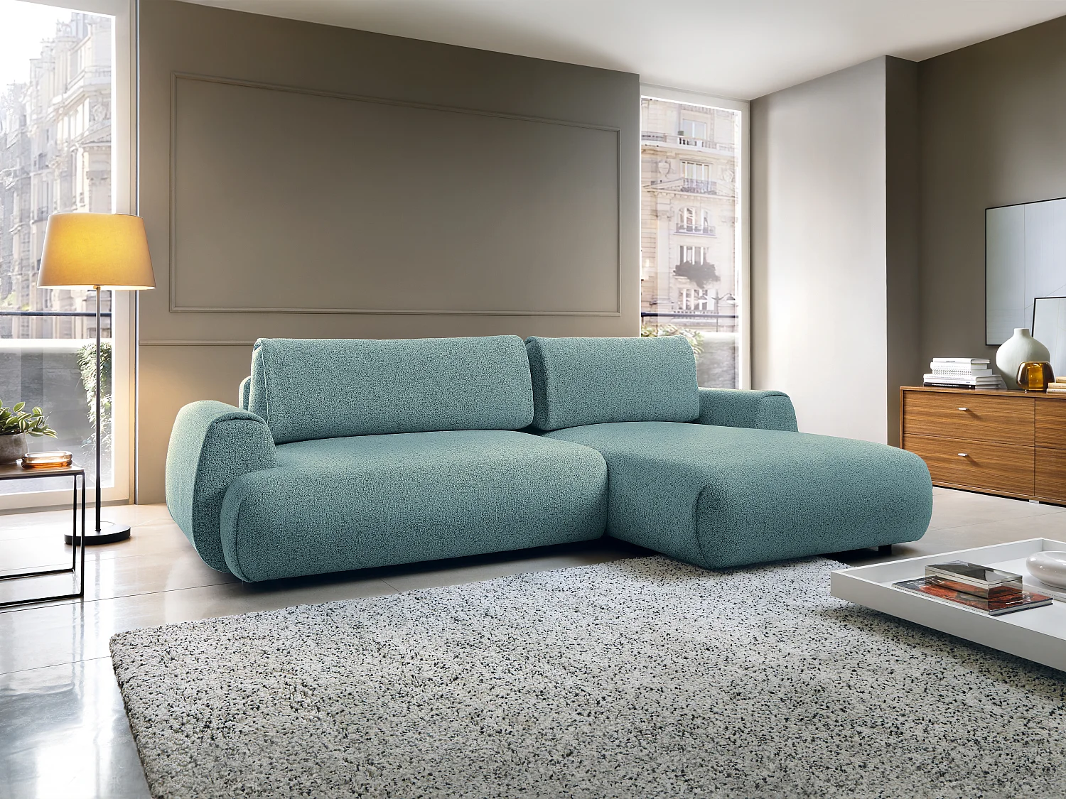 Canapé d'angle droit convertible en tissu chiné bleu MONELIA