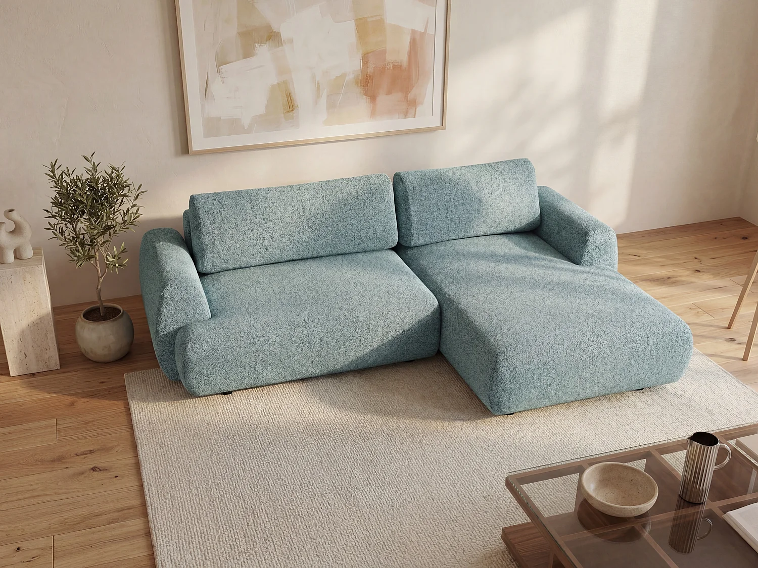 Hoekslaapbank met hoek rechts van blauwe gemêleerde stof MONELIA