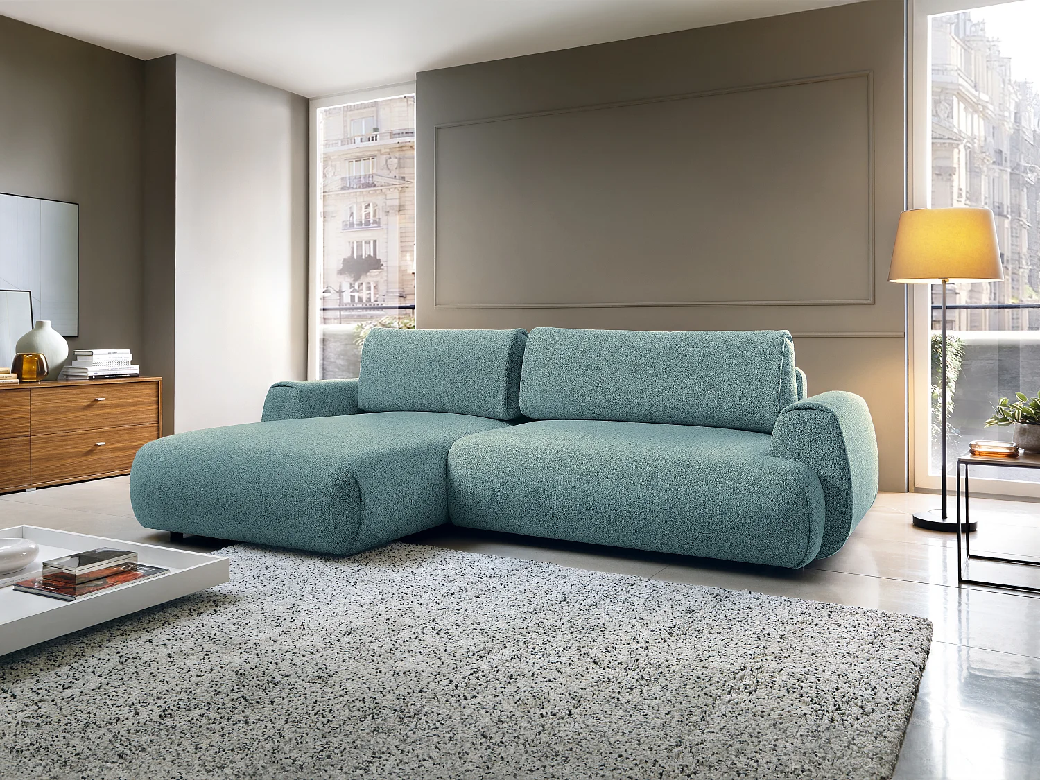 Canapé d'angle gauche convertible en tissu chiné bleu MONELIA