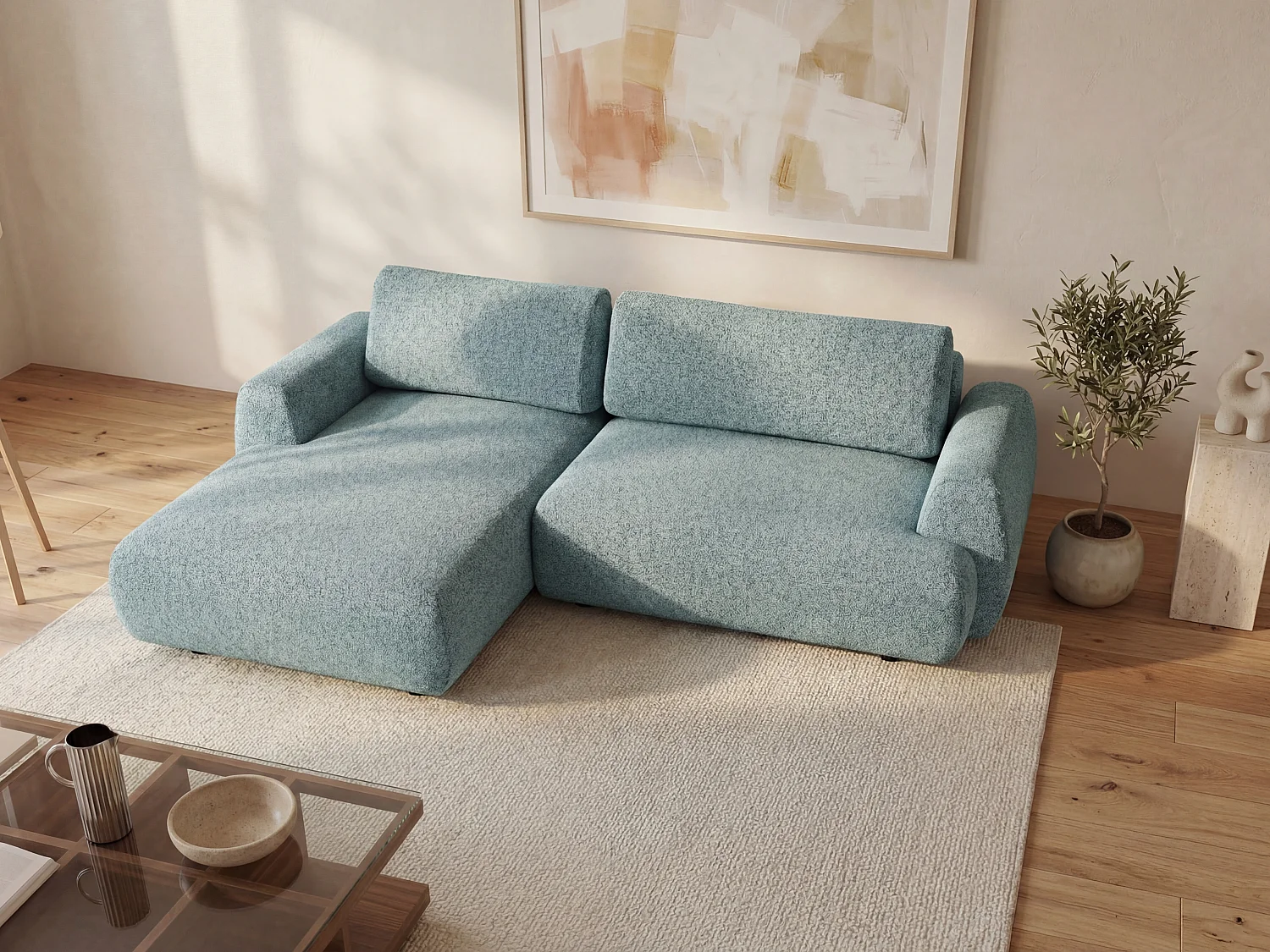Ecksofa mit Schlaffunktion - Ecke links - melierter Stoff - Blau - MONELIA