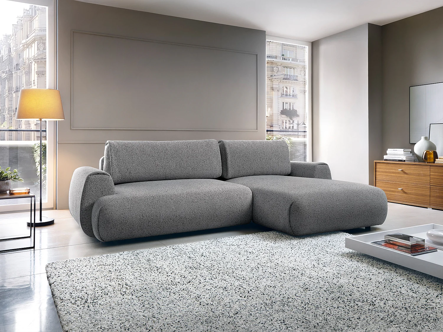 Canapé d'angle droit convertible en tissu chiné gris MONELIA