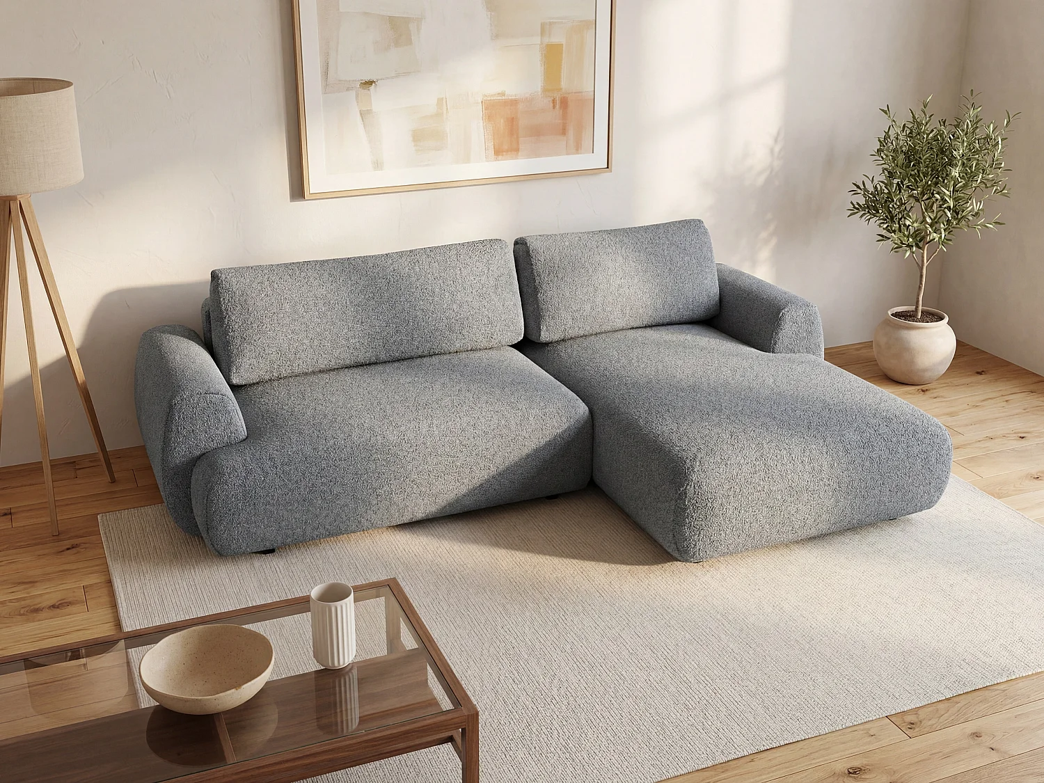 Canapé d'angle droit convertible en tissu chiné gris MONELIA