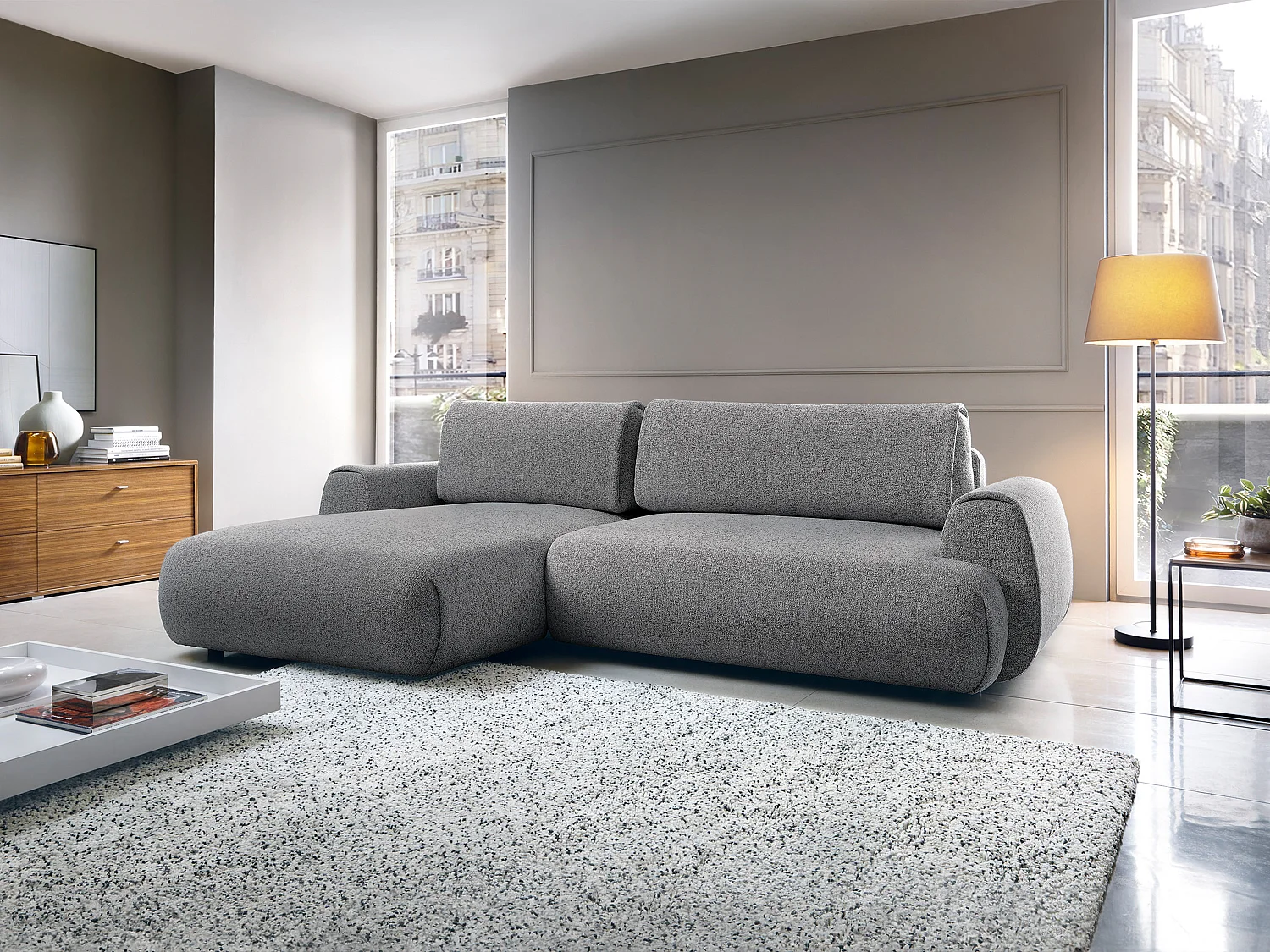 Canapé d'angle gauche convertible en tissu chiné gris MONELIA