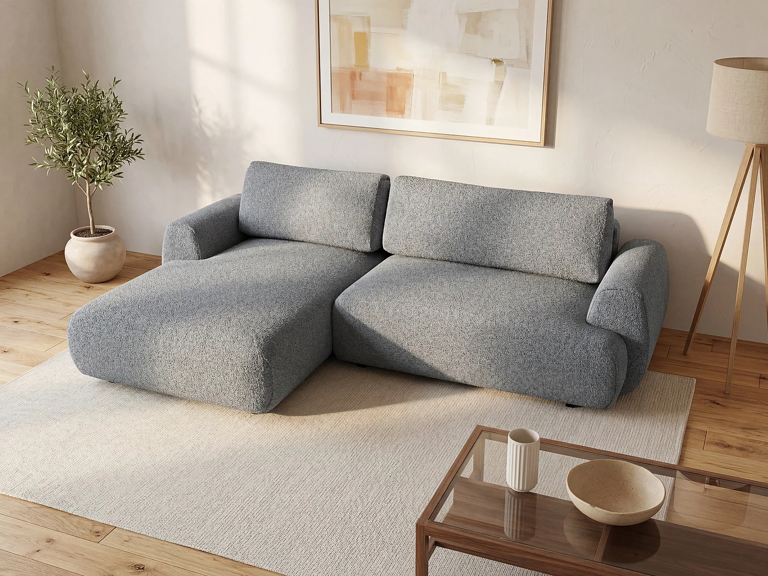 Venstrevendt hjørnesofa med sovesofa i mønstret gråt stof MONELIA