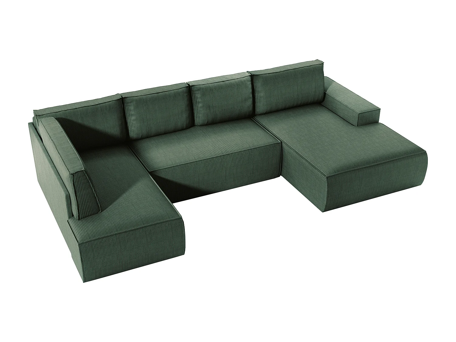 Grand canapé d'angle droit panoramique convertible en velours côtelé vert AMELIA