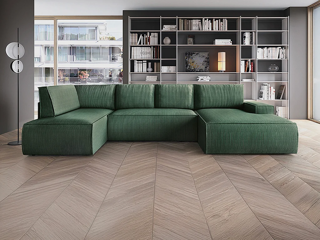 Grand canapé d'angle droit panoramique convertible en velours côtelé vert AMELIA