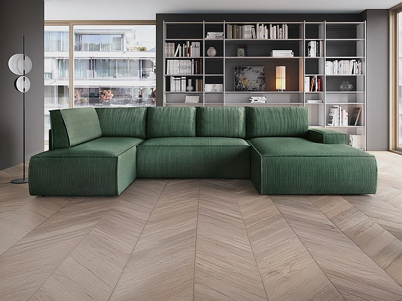 Stor hjørnesofa mod højre, panoramaudtræk, i grøn jernbåndsvelour AMELIA