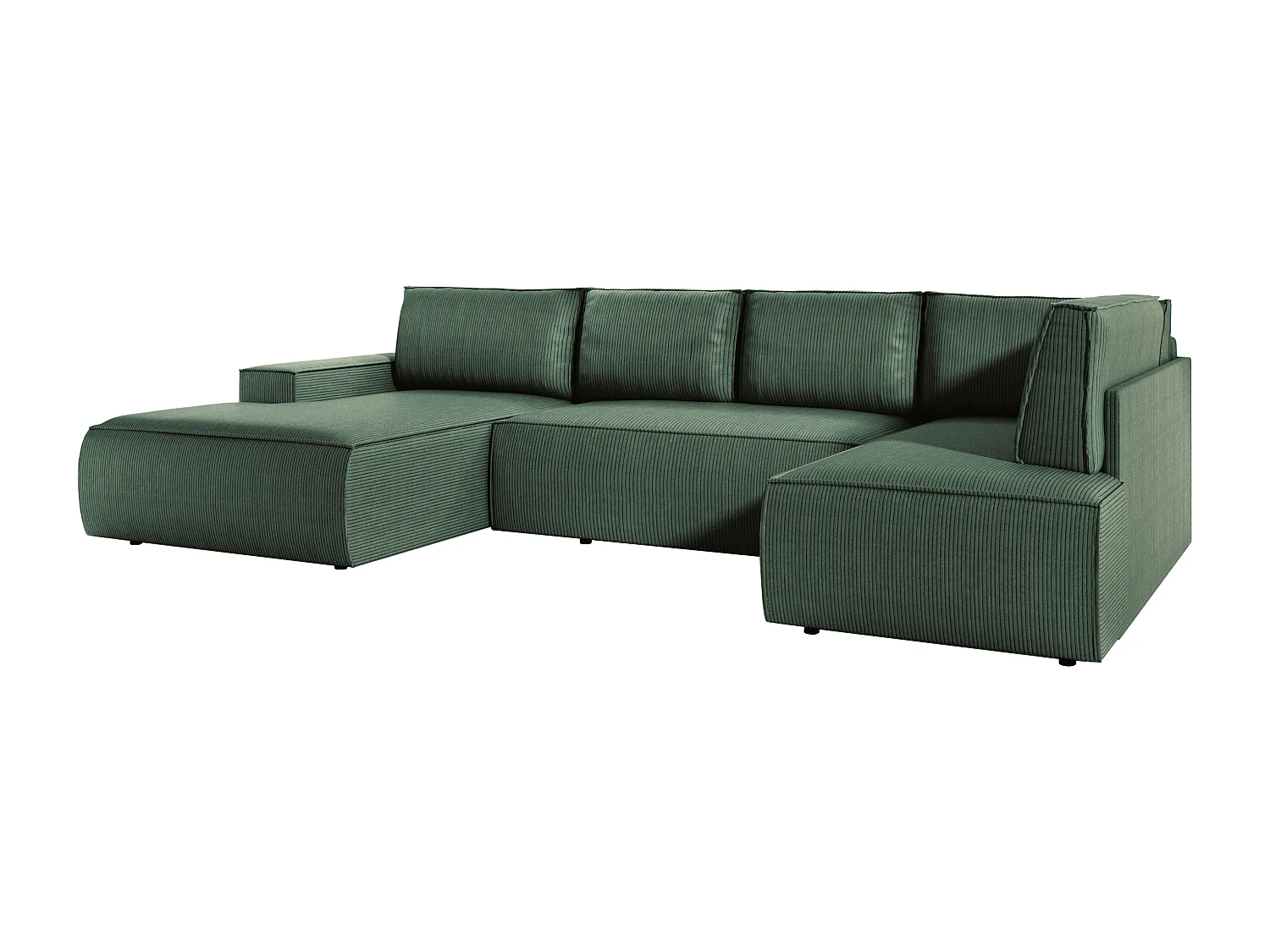 Grand canapé d'angle gauche panoramique convertible en velours côtelé vert AMELIA