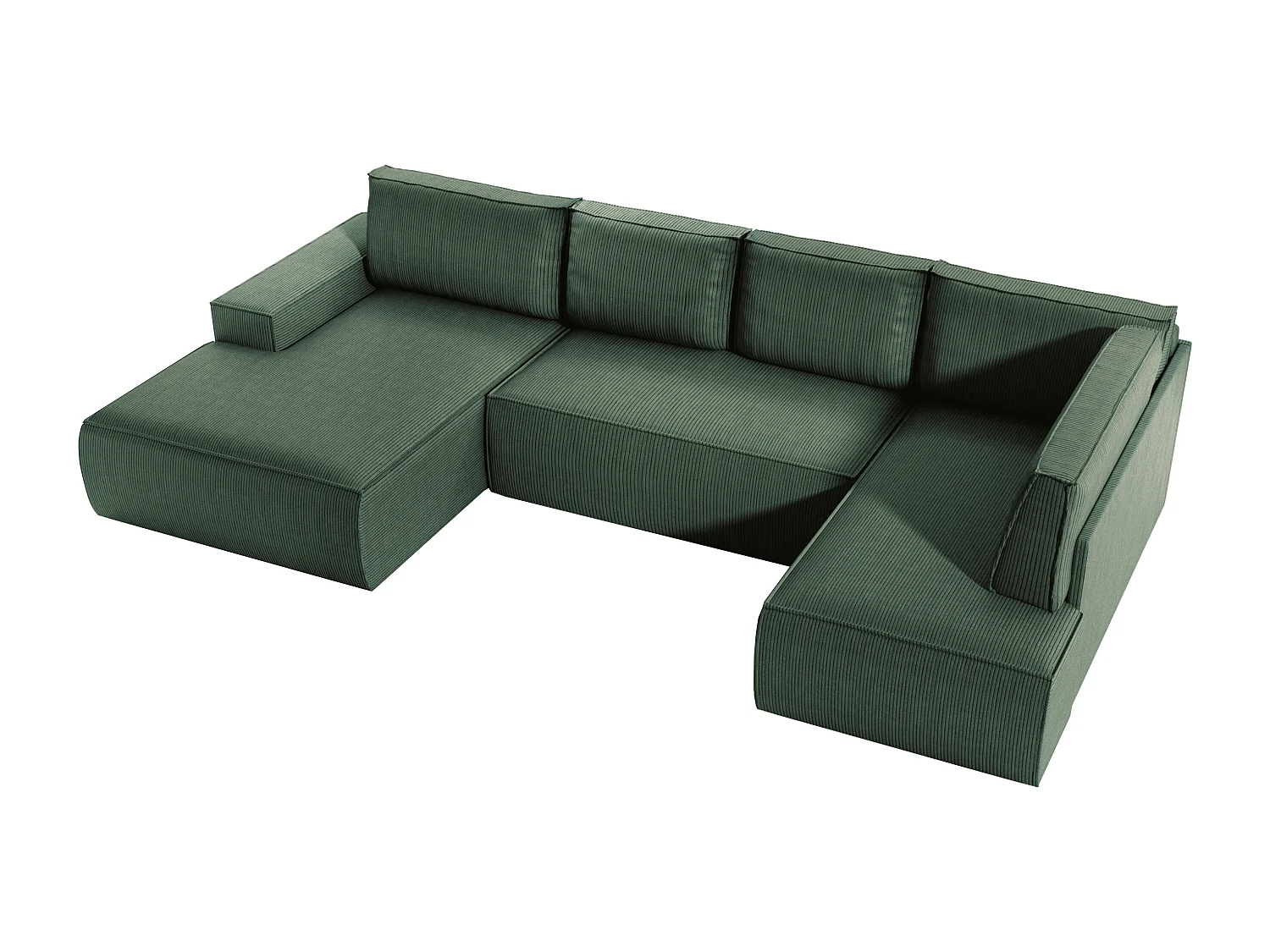Grand canapé d'angle gauche panoramique convertible en velours côtelé vert AMELIA
