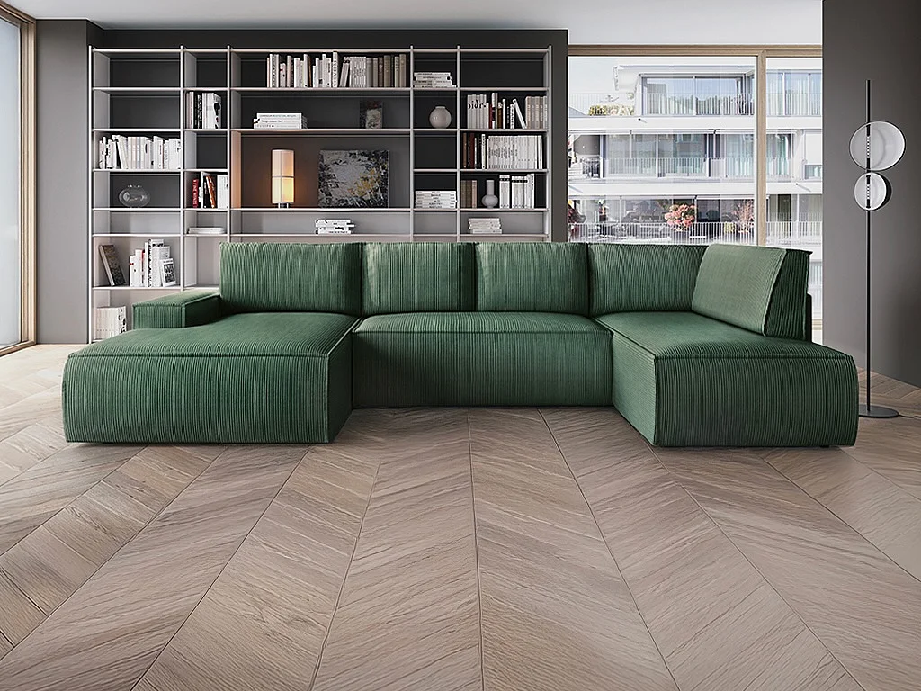 Grand canapé d'angle gauche panoramique convertible en velours côtelé vert AMELIA