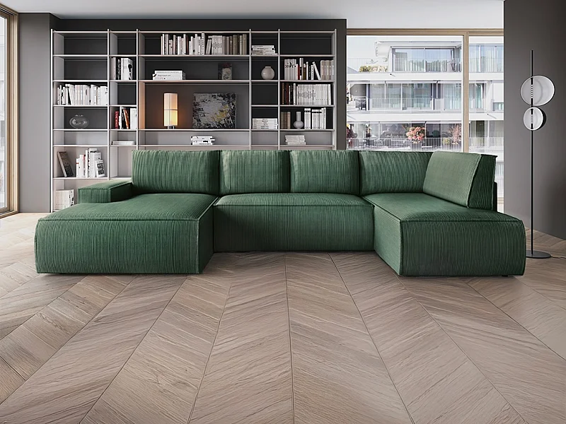 Stor venstre panorama hjørnesofa, der kan omdannes til seng, i grøn fløjlsrib AMELIA