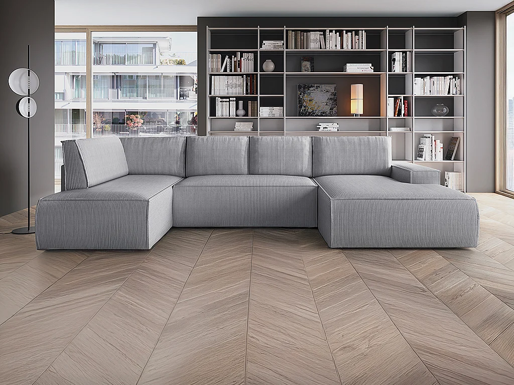 Grand canapé d'angle droit panoramique convertible en velours côtelé gris clair AMELIA