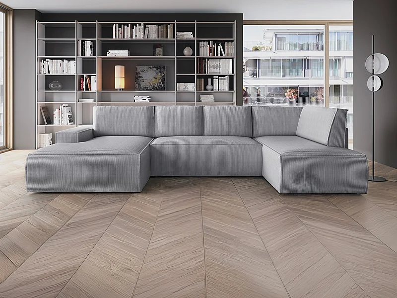 Grand canapé d'angle gauche panoramique convertible en velours côtelé gris clair AMELIA