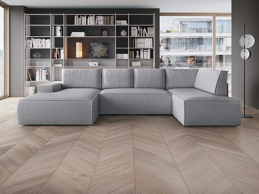 Gran sofá rinconera izquierda panorámico en terciopelo gris claro AMELIA