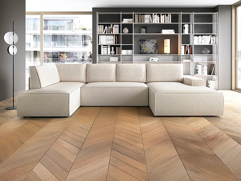 Grande sofá de canto direito panorâmico convertível em tecido texturizado bege - AMELIA