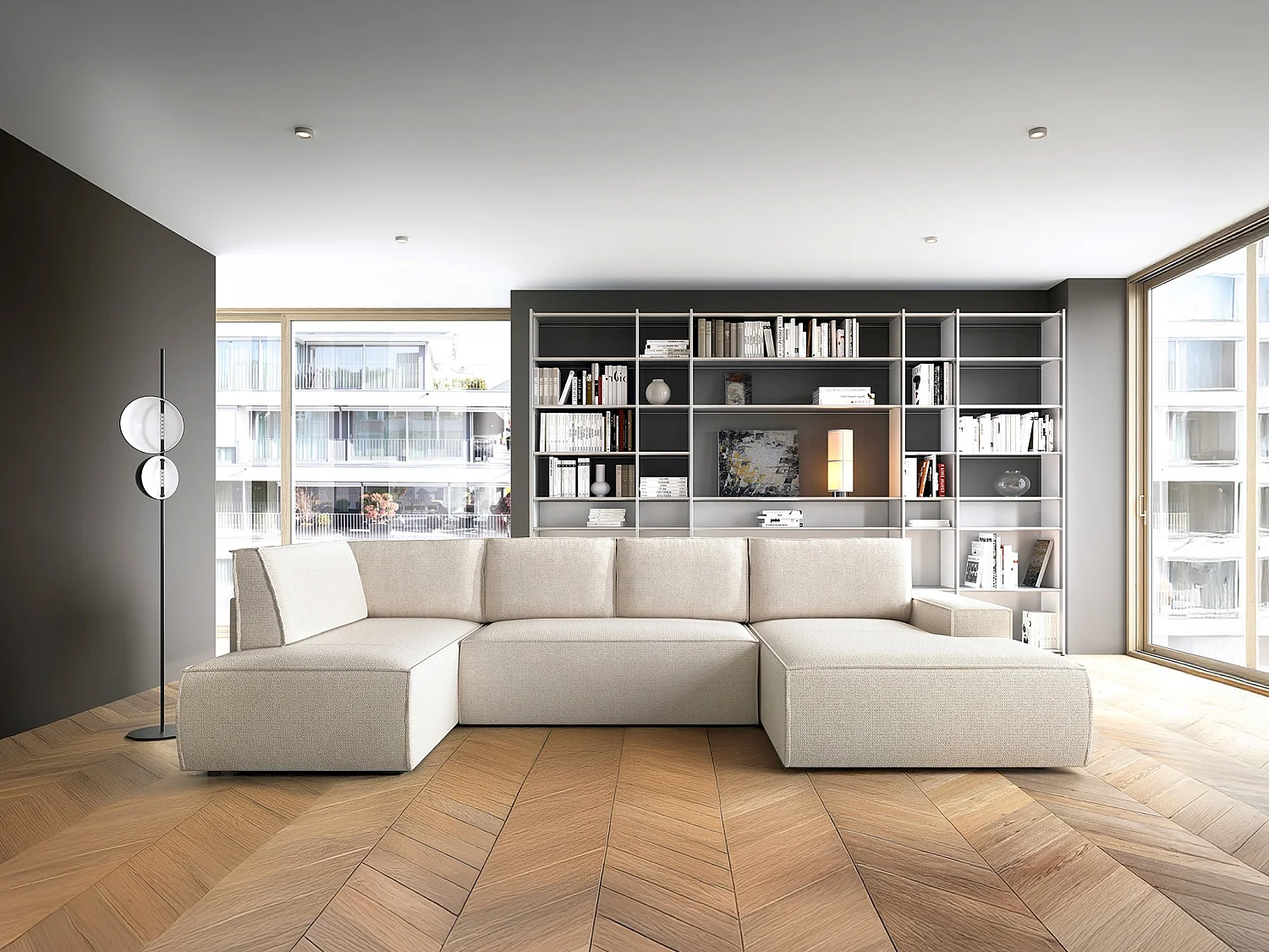 Grote, panoramische slaapbank met hoek rechts in beige textuurstof AMELIA