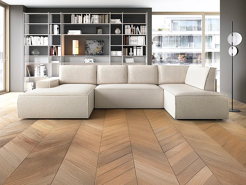 Grand canapé d'angle gauche panoramique convertible en tissu texturé beige AMELIA