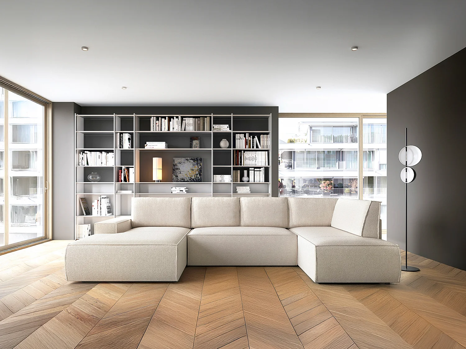 Grote, panoramische slaapbank met hoek links in beige textuurstof AMELIA