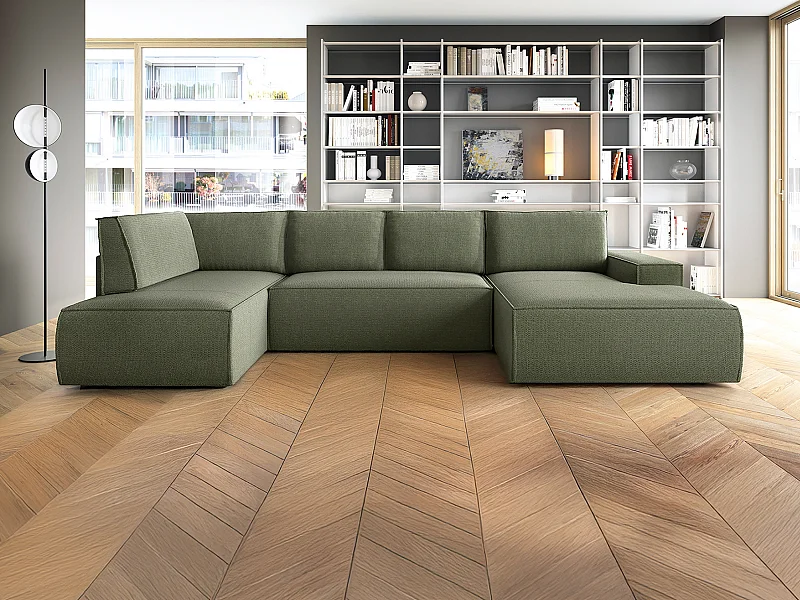 Große Wohnlandschaft mit Schlaffunktion - Ecke rechts - Strukturstoff - Grün - AMELIA