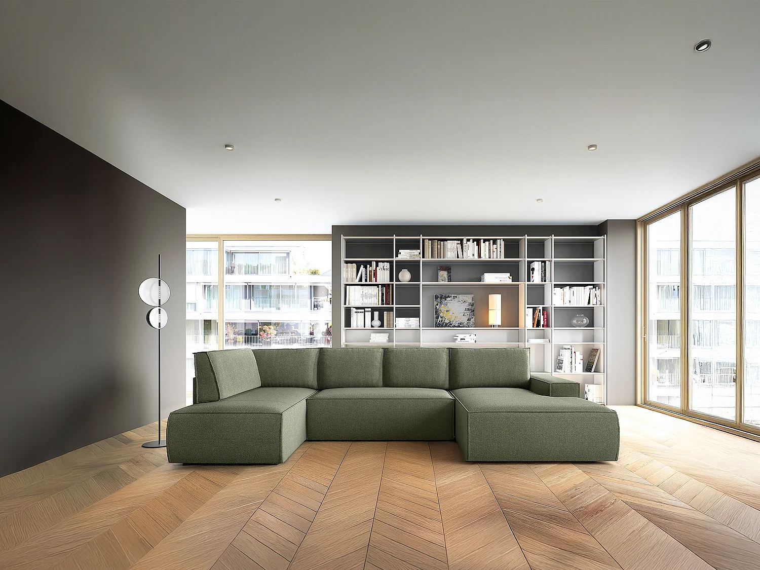 Grand canapé d'angle droit panoramique convertible en tissu texturé vert AMELIA