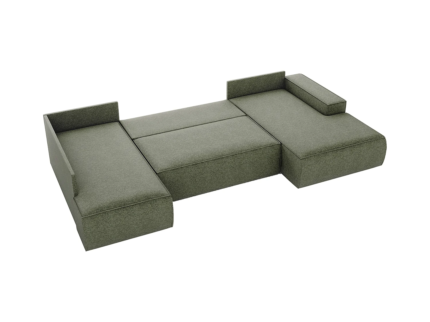Grote, panoramische slaapbank met hoek rechts in groene textuurstof AMELIA
