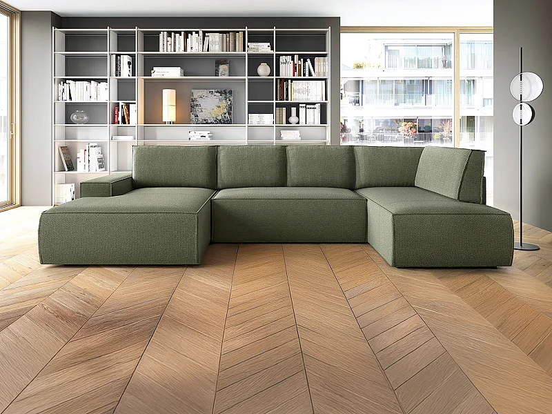 Grande divano letto angolo a sinistra panoramico in Tessuto testurizzato Verde - AMELIA