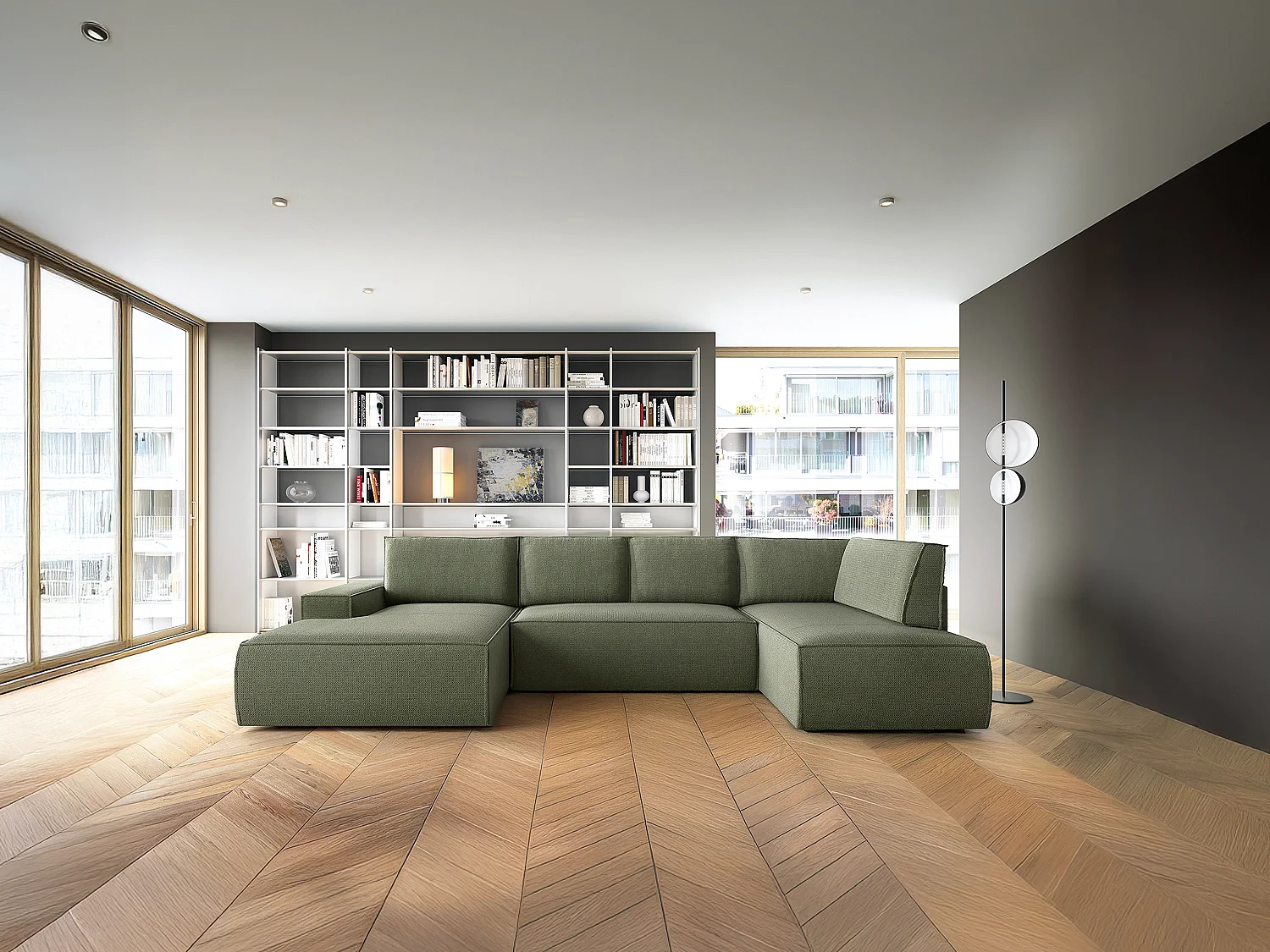 Grand canapé d'angle gauche panoramique convertible en tissu texturé vert AMELIA