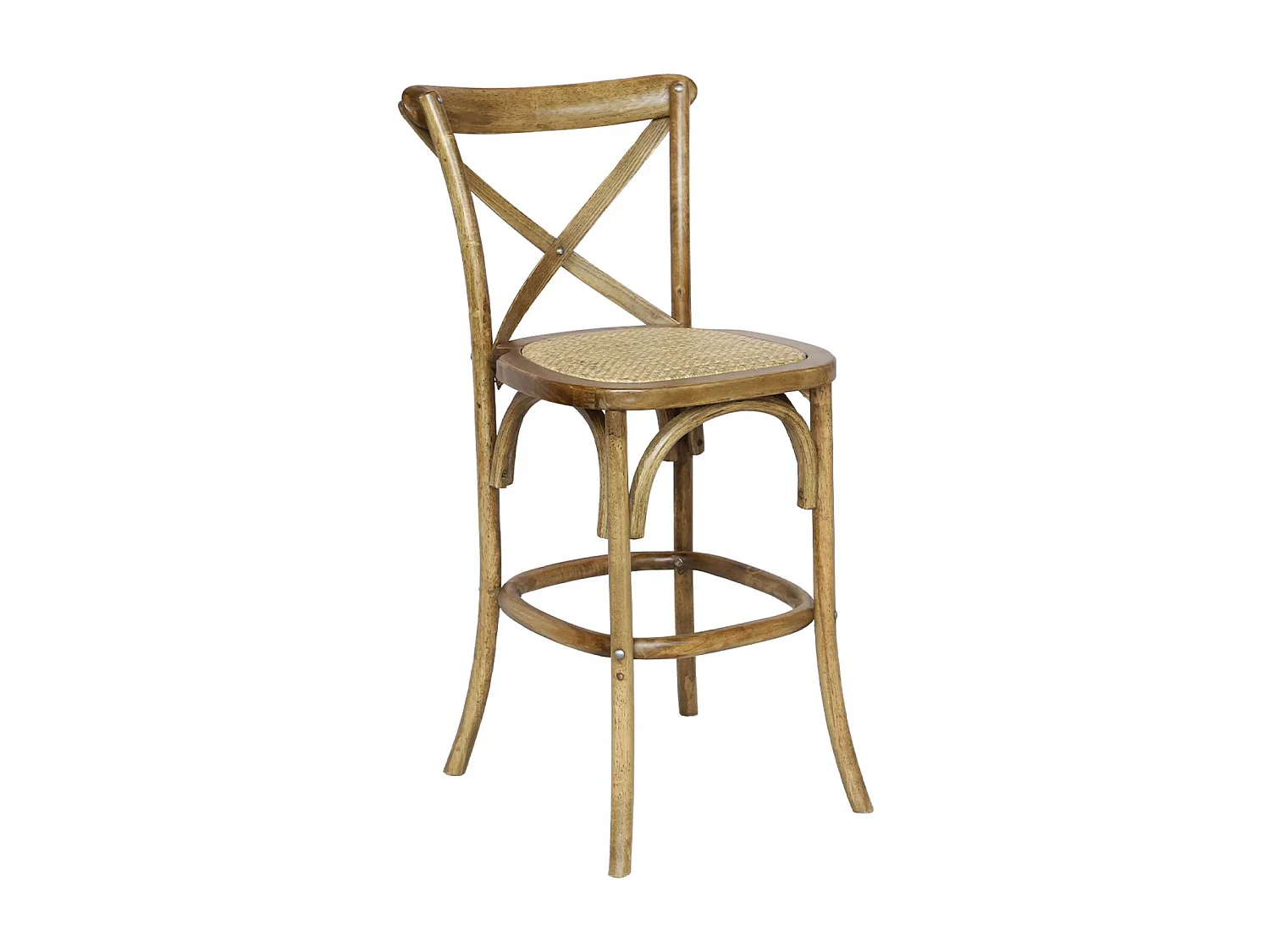 Tabouret de bar bistrot vintage en bois marron vieilli avec repose-pieds