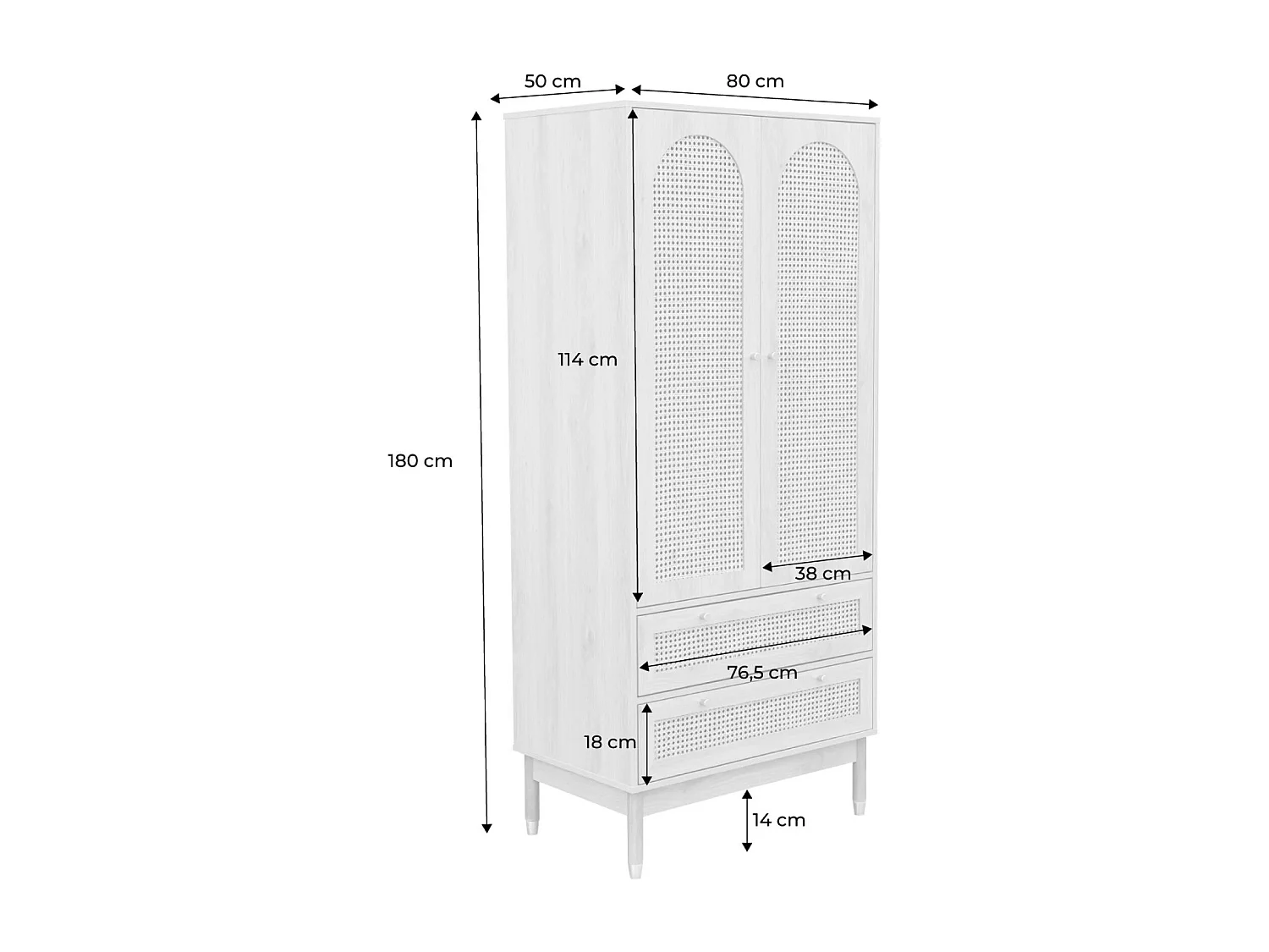 Dressing penderie JUDITH 2 portes 2 tiroirs cannage. poignées et pieds finition dorée. 80 x 50 x 180 cm