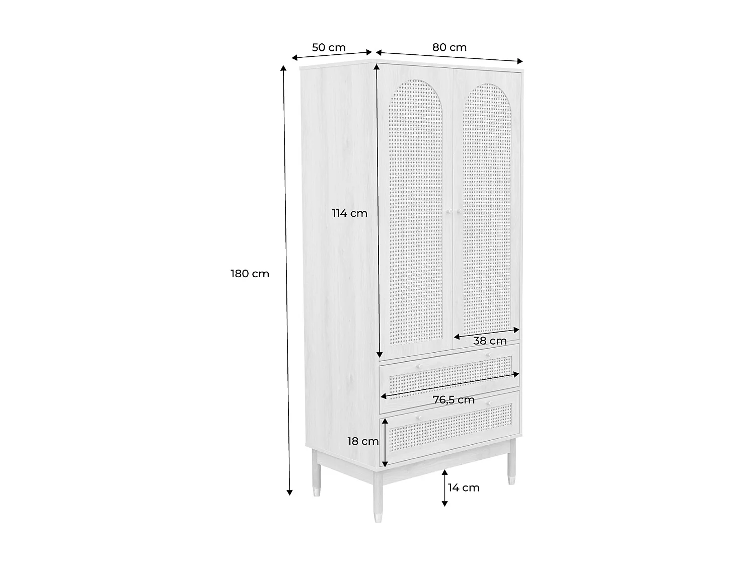 Dressing penderie JUDITH 2 portes 2 tiroirs cannage. poignées et pieds finition dorée. 80 x 50 x 180 cm