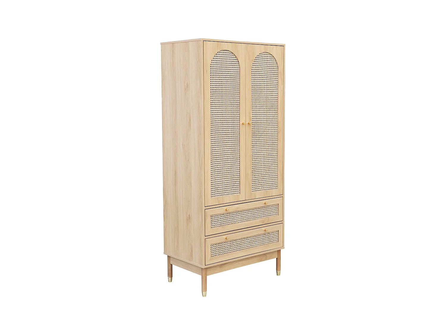 Dressing penderie JUDITH 2 portes 2 tiroirs cannage. poignées et pieds finition dorée. 80 x 50 x 180 cm