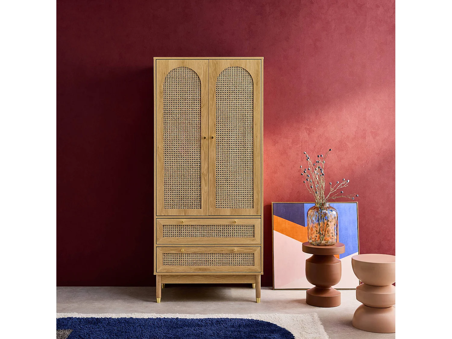 Dressing penderie JUDITH 2 portes 2 tiroirs cannage. poignées et pieds finition dorée. 80 x 50 x 180 cm