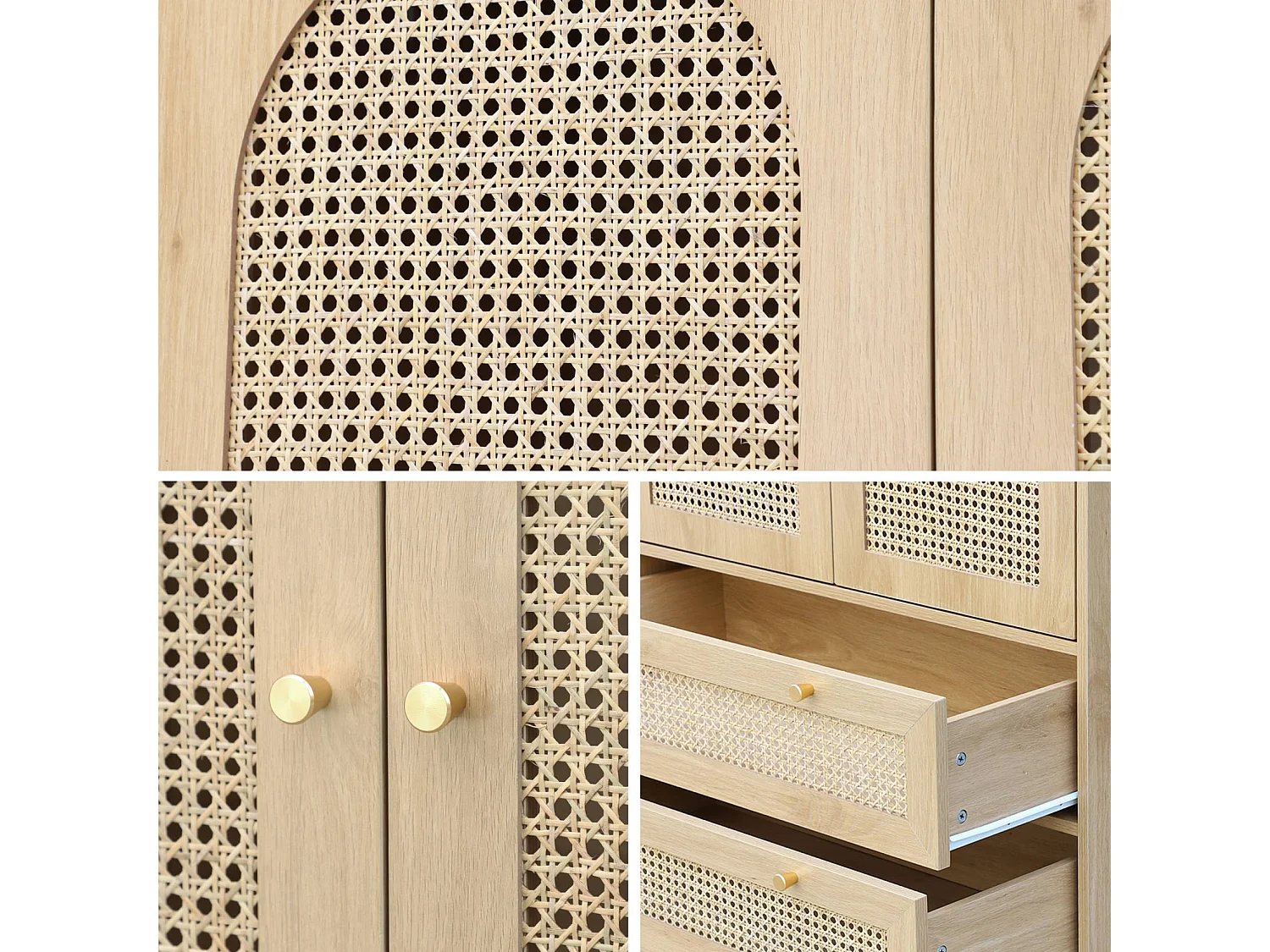 Dressing penderie JUDITH 2 portes 2 tiroirs cannage. poignées et pieds finition dorée. 80 x 50 x 180 cm