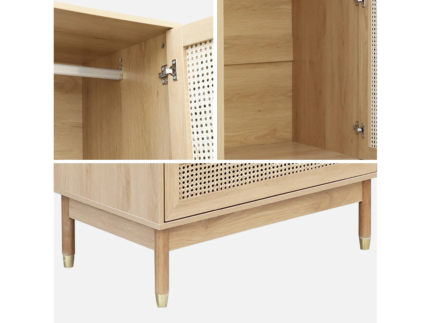 Dressing penderie JUDITH 2 portes 2 tiroirs cannage. poignées et pieds finition dorée. 80 x 50 x 180 cm