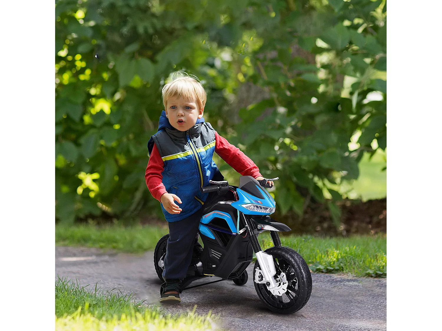 Moto électrique pour enfants 25 W 6 V 3 Km/h effets lumineux et sonores roulettes amovibles bleu