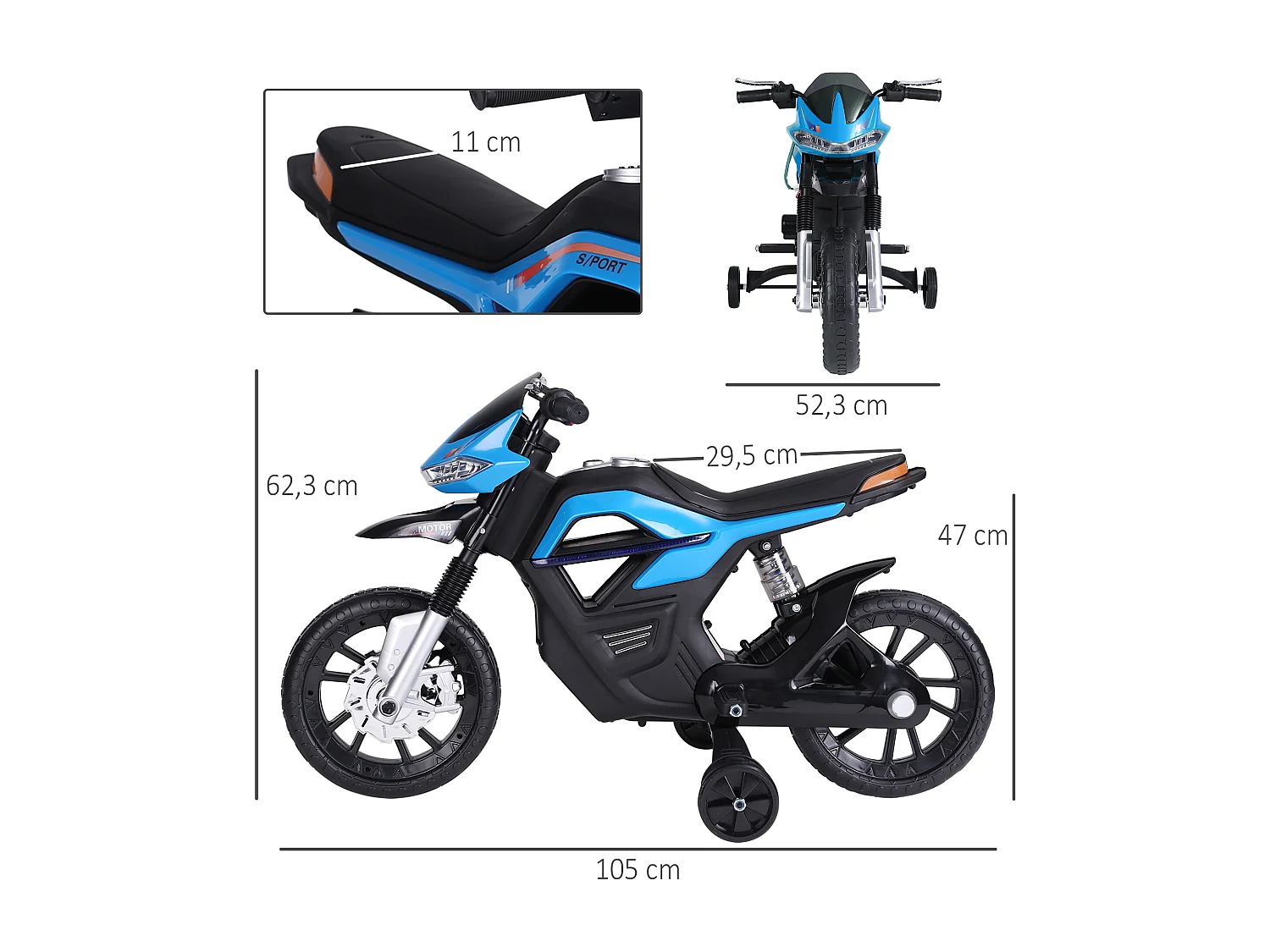 Moto électrique pour enfants 25 W 6 V 3 Km/h effets lumineux et sonores roulettes amovibles bleu