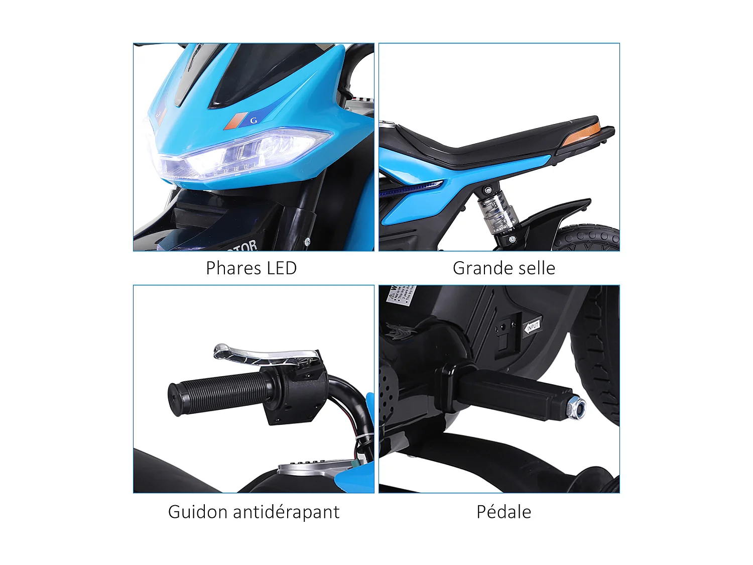 Moto électrique pour enfants 25 W 6 V 3 Km/h effets lumineux et sonores roulettes amovibles bleu