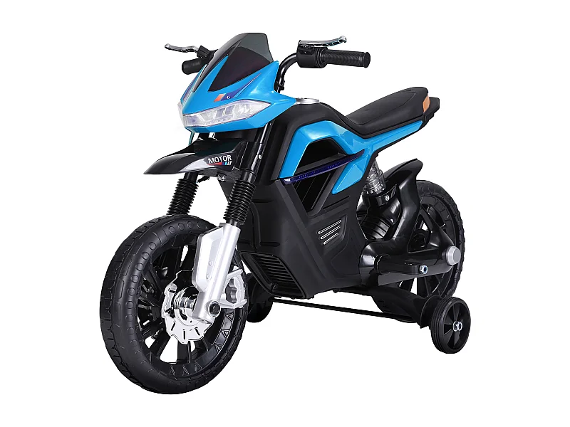 Moto électrique pour enfants 25 W 6 V 3 Km/h effets lumineux et sonores roulettes amovibles bleu