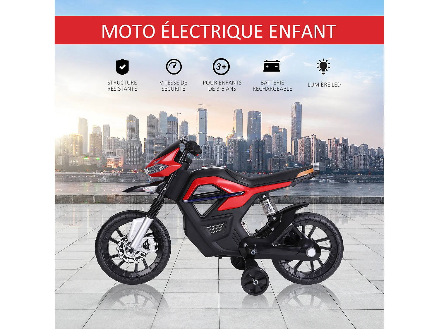 Moto électrique pour enfants 25 W 6 V 3 Km/h effets lumineux et sonores roulettes amovibles rouge