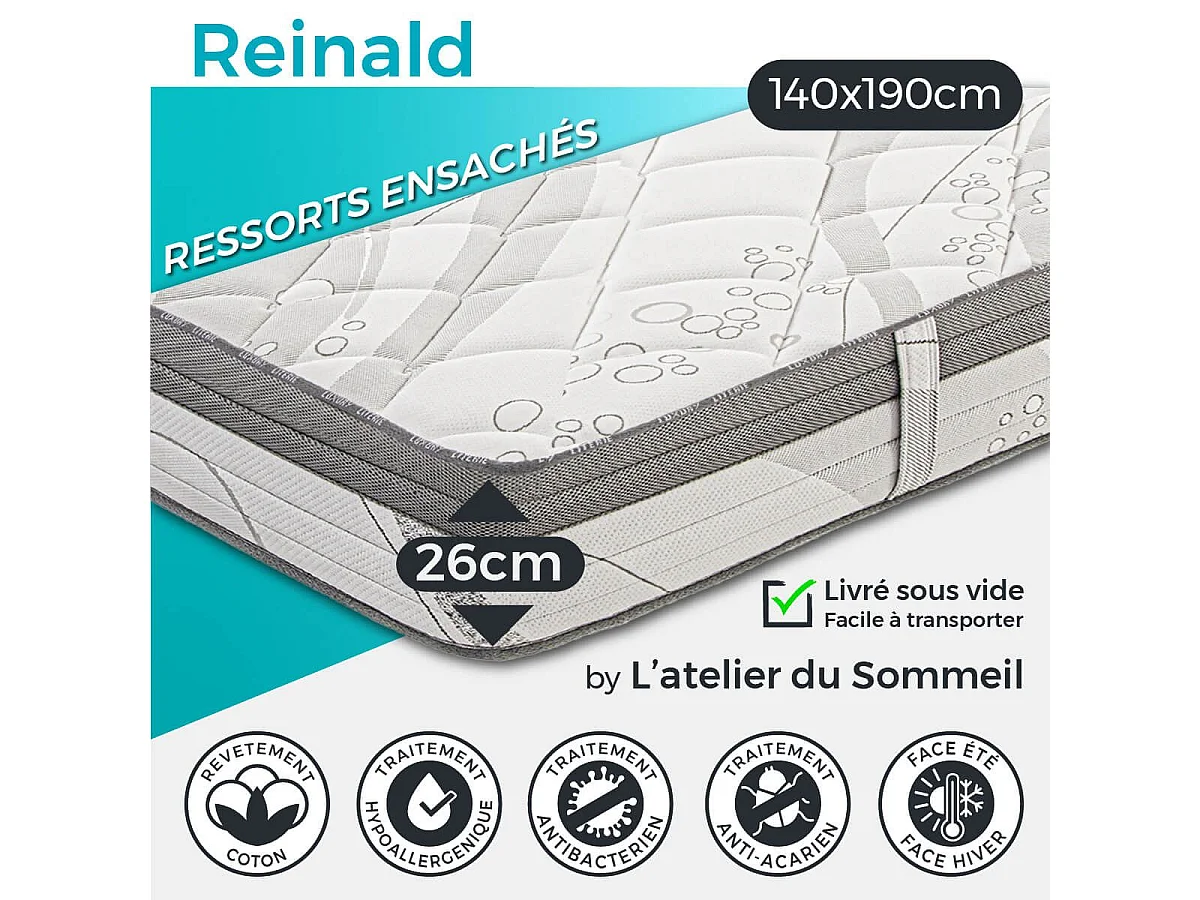REINALD - Matelas 140x190 cm Ressorts ensachés Soutien ferme Ep.26cm