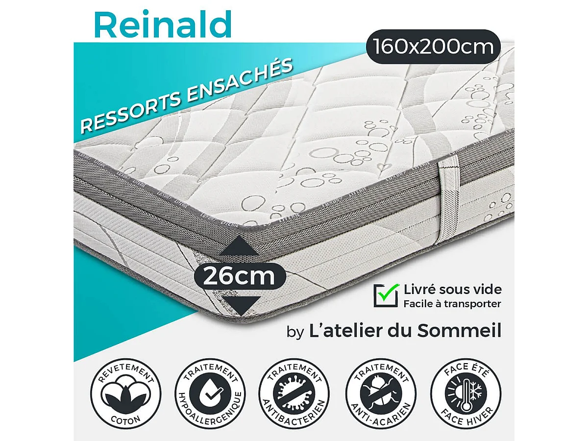REINALD - Matelas 160x200 cm Ressorts ensachés Soutien ferme Ep.26cm