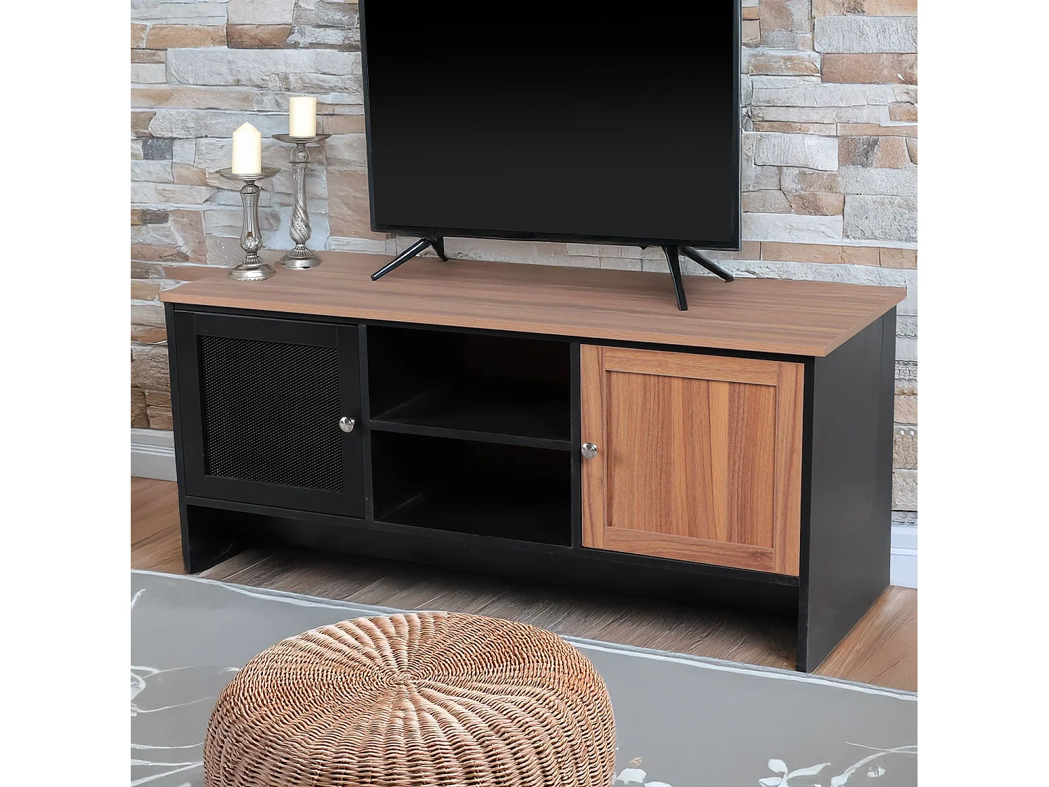 Meuble TV contemporain 2 portes L120cm Franck Bois et Noir