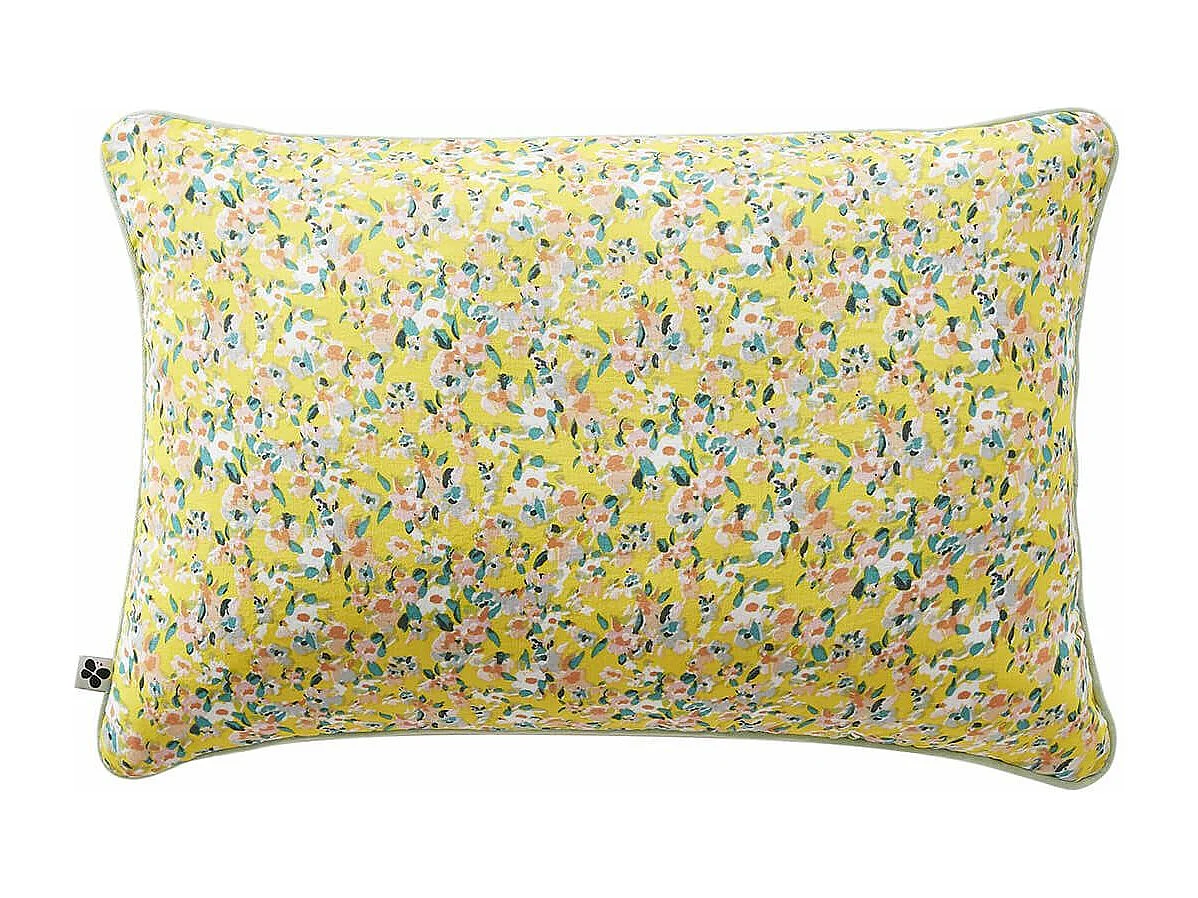 SIMONE - Coussin Déhoussable 40x60cm Gaze de Coton Jaune Imprimé Floral