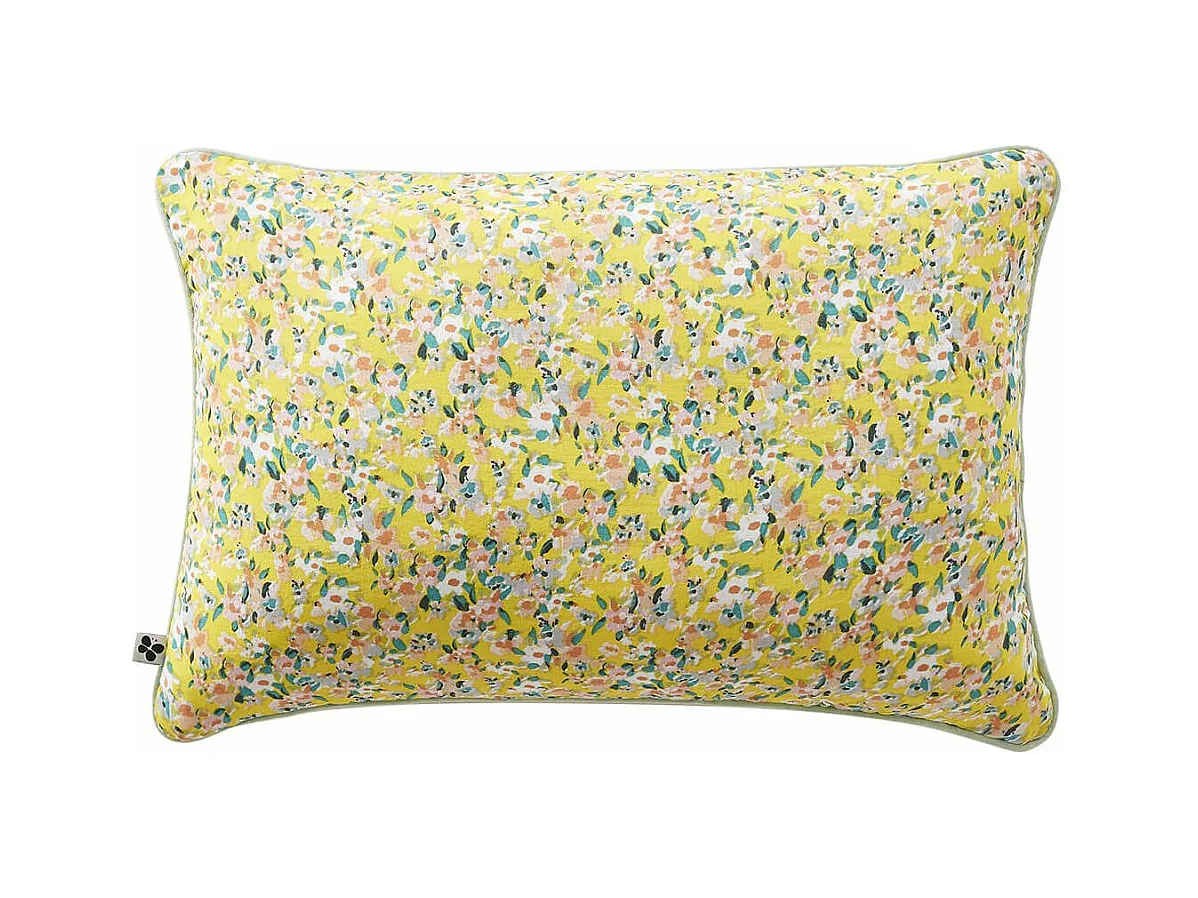 SIMONE - Coussin Déhoussable 40x60cm Gaze de Coton Jaune Imprimé Floral