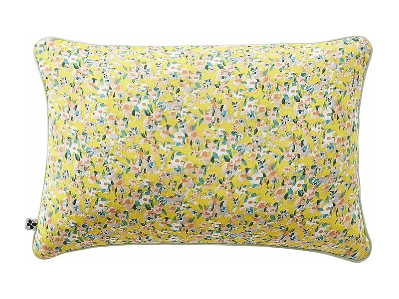 SIMONE - Coussin Déhoussable 40x60cm Gaze de Coton Jaune Imprimé Floral