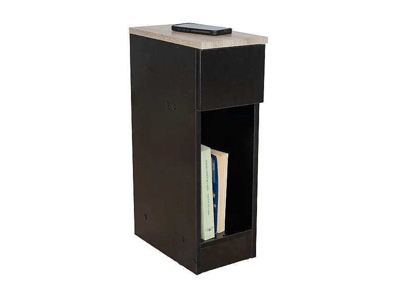 Mesa de cabeceira industrial fina preta e cinza-claro com 1 gaveta vazada 60x35x24 cm