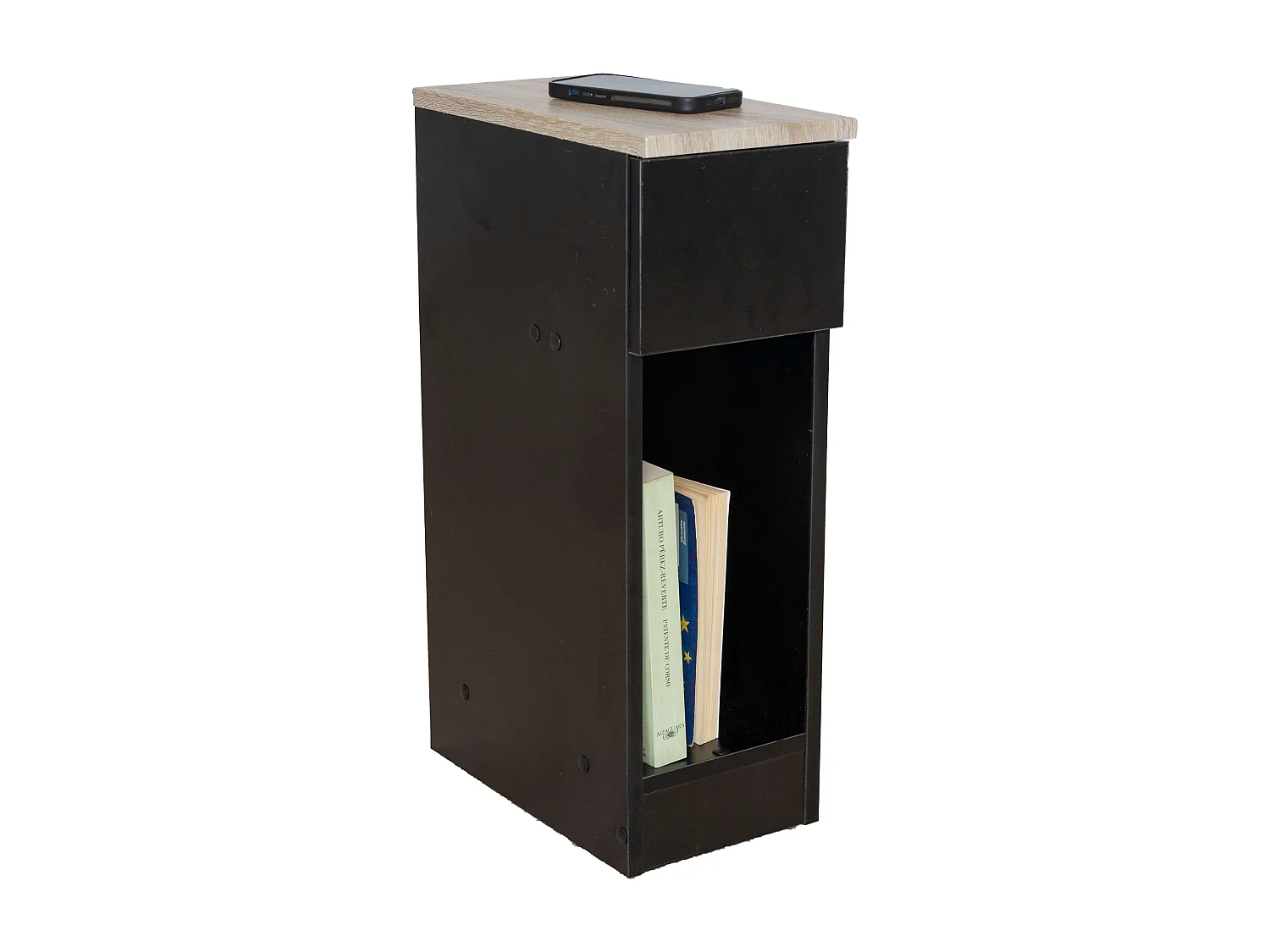 DUPI Mesita de Noche Estrecha Slim para Espacios reducidos. Optimiza el Almacenamiento y Ofrece funcionalidad. (Negro/Taupe)